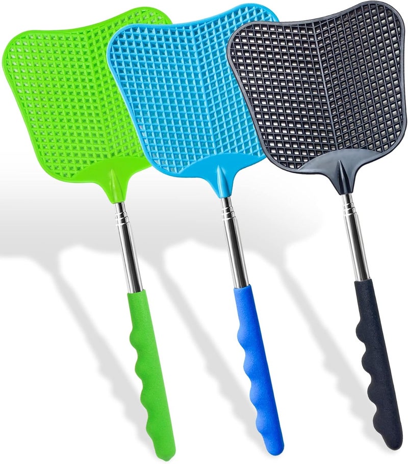Wapodeai 3 pcs Fly Swatter, Fly Swatters Plastic Telescopic, Large Bug Swatter That Work for Indoor and Outdoor. (Black Blue Green) - Image 1